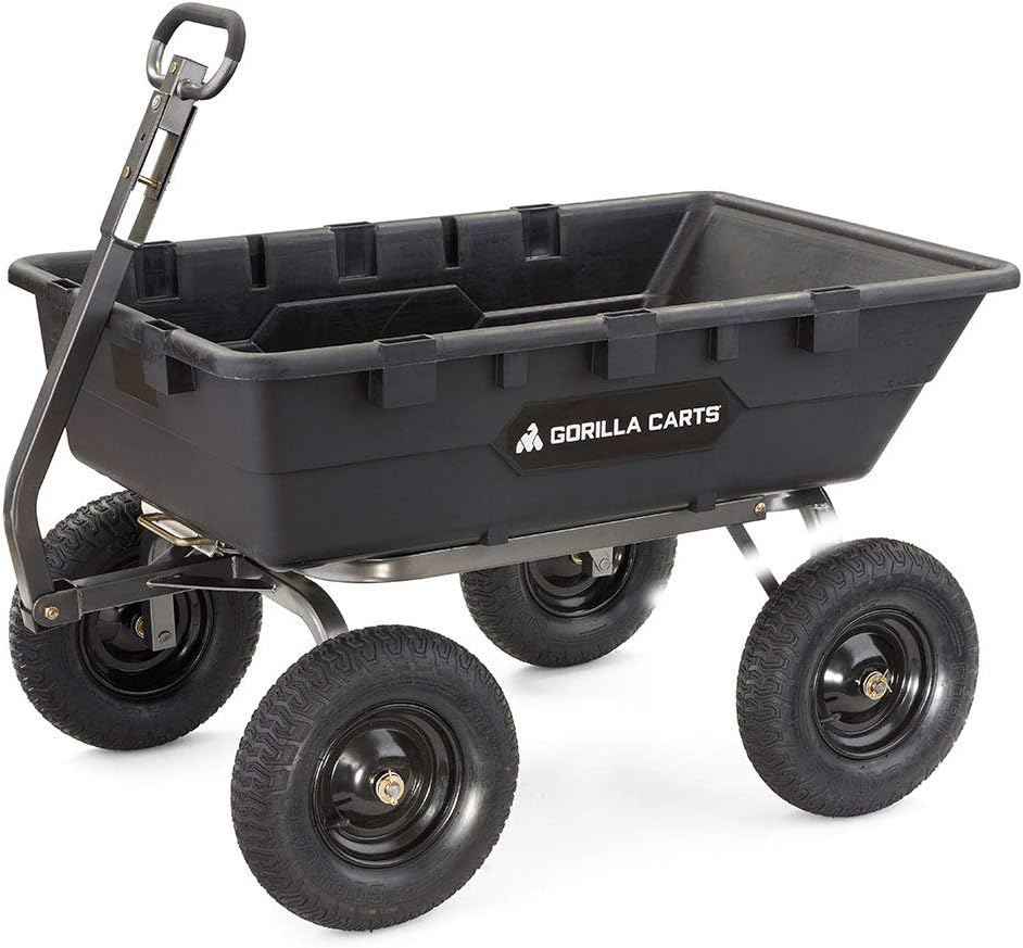 Gorilla Carts Poly Garden Dump Cart, 4 Cu Ft Tub, 600 lb Haul Capacity, Black – Heavy-Duty Utility Wagon with Quick-Release Dumping & Pneumatic Tires for Yard, Landscaping and Gardening