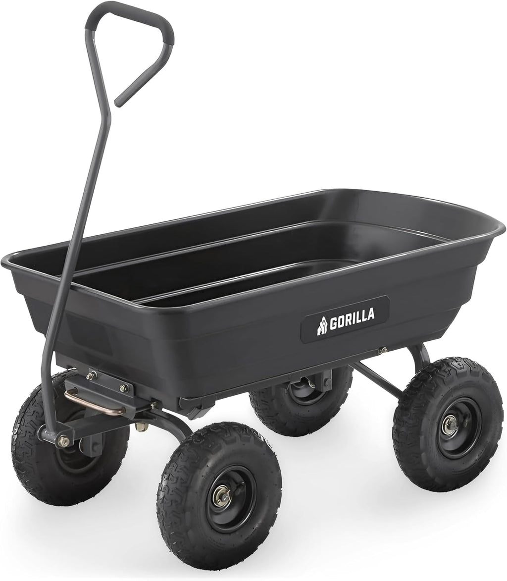 Gorilla Carts Poly Garden Dump Cart, 4 Cu Ft Tub, 600 lb Haul Capacity, Black – Heavy-Duty Utility Wagon with Quick-Release Dumping & Pneumatic Tires for Yard, Landscaping and Gardening