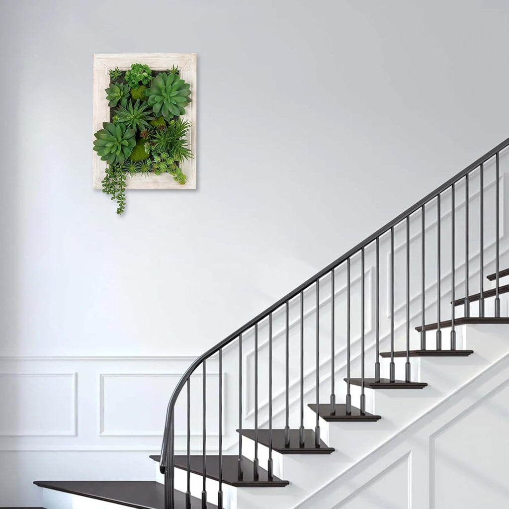 Hollyone White Artificial Succulents Hanging Plants Large Rectangle Wall Shelves with Wooden Planter Fake Hanging Plants for Indoor Outdoor Bedroom Bathroom Boho Wall Decor