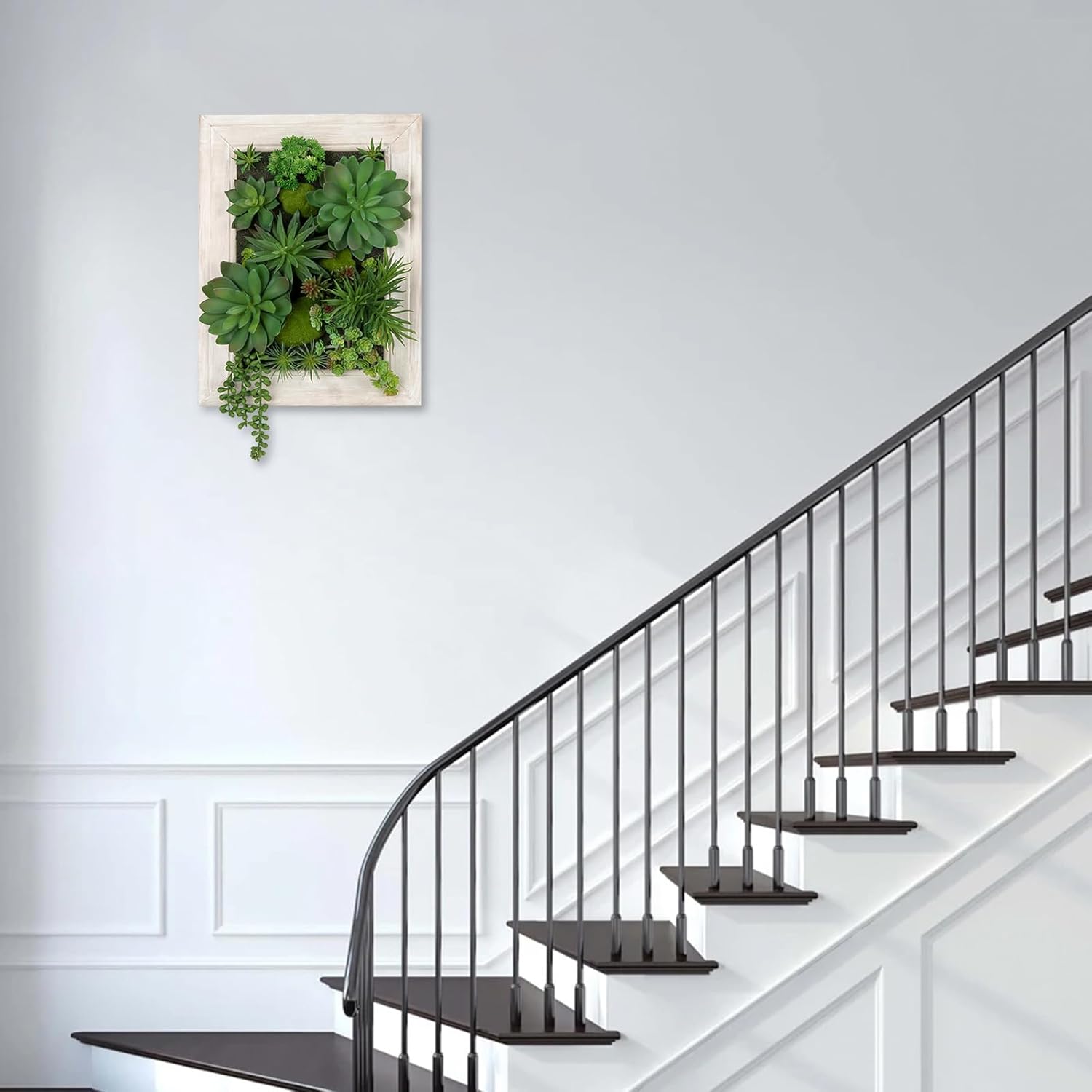 Hollyone White Artificial Succulents Hanging Plants Large Rectangle Wall Shelves with Wooden Planter Fake Hanging Plants for Indoor Outdoor Bedroom Bathroom Boho Wall Decor