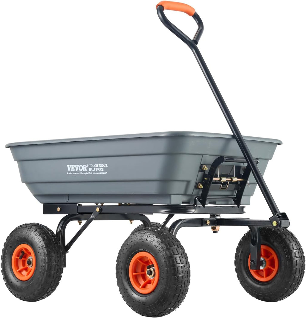 VEVOR 1200lbs 7Cu.Ft. Garden Dump Cart with 2-in-1 Convertible Handle and 13in All Terrain Wheels, Heavy Duty Poly Yard Dump Wagon Utility ATV Trailer Dump Cart Tow Behind for Lawn Mower Tractor