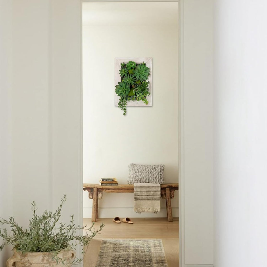 Hollyone White Artificial Succulents Hanging Plants Large Rectangle Wall Shelves with Wooden Planter Fake Hanging Plants for Indoor Outdoor Bedroom Bathroom Boho Wall Decor
