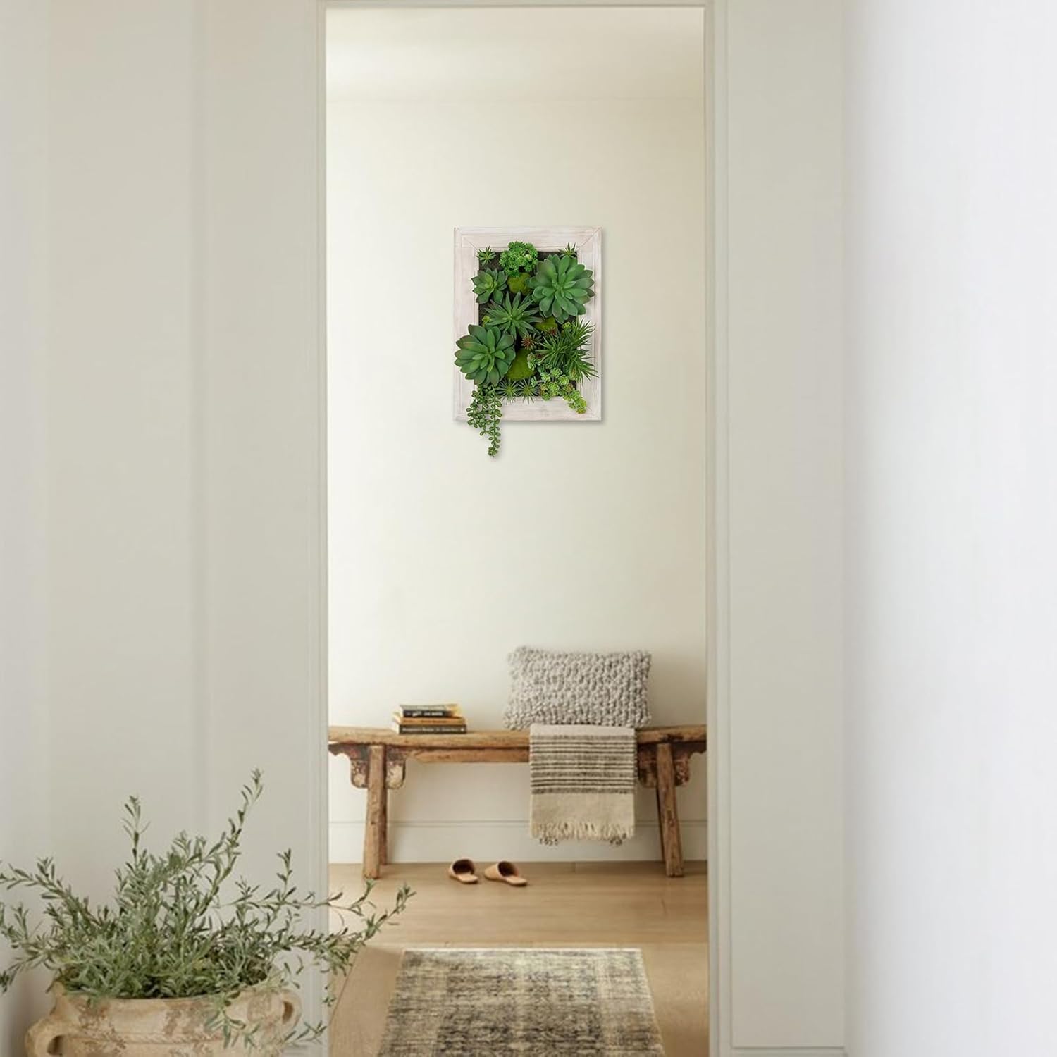 Hollyone White Artificial Succulents Hanging Plants Large Rectangle Wall Shelves with Wooden Planter Fake Hanging Plants for Indoor Outdoor Bedroom Bathroom Boho Wall Decor