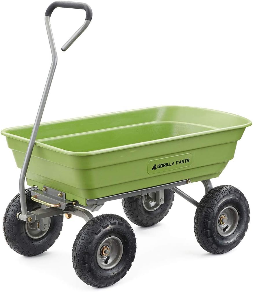 Gorilla Carts Poly Garden Dump Cart, 4 Cu Ft Tub, 600 lb Haul Capacity, Black – Heavy-Duty Utility Wagon with Quick-Release Dumping & Pneumatic Tires for Yard, Landscaping and Gardening
