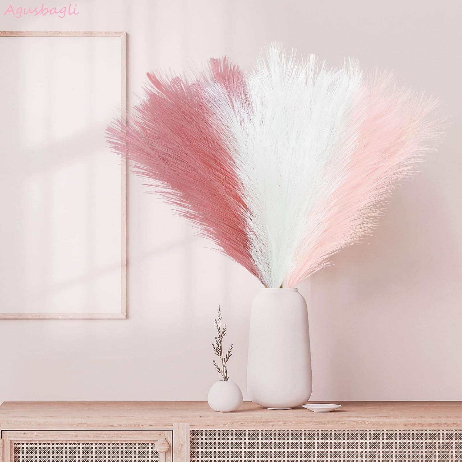 Agusbagli 150pcs Pink Faux Pampas Grass, 21.6in Fluffy Artificial Colored Pompas Grass Short Blush Fake Pampas Stems Vase Filler Flower Arrangement for Home Wedding Centerpieces Bohe Decor