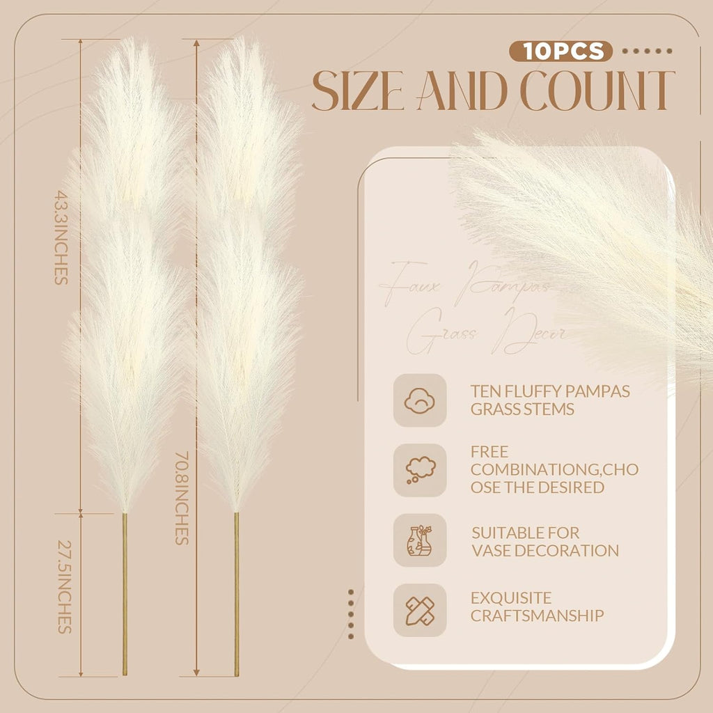 Zeyune 10 Pcs 71'' Large Faux Pampas Grass Decor Tall Artificial Pompous Grass Bulk for Boho Floor Vase Filler Wedding Floral Arrangements Home Baby Shower and Boho Decor (Beige)