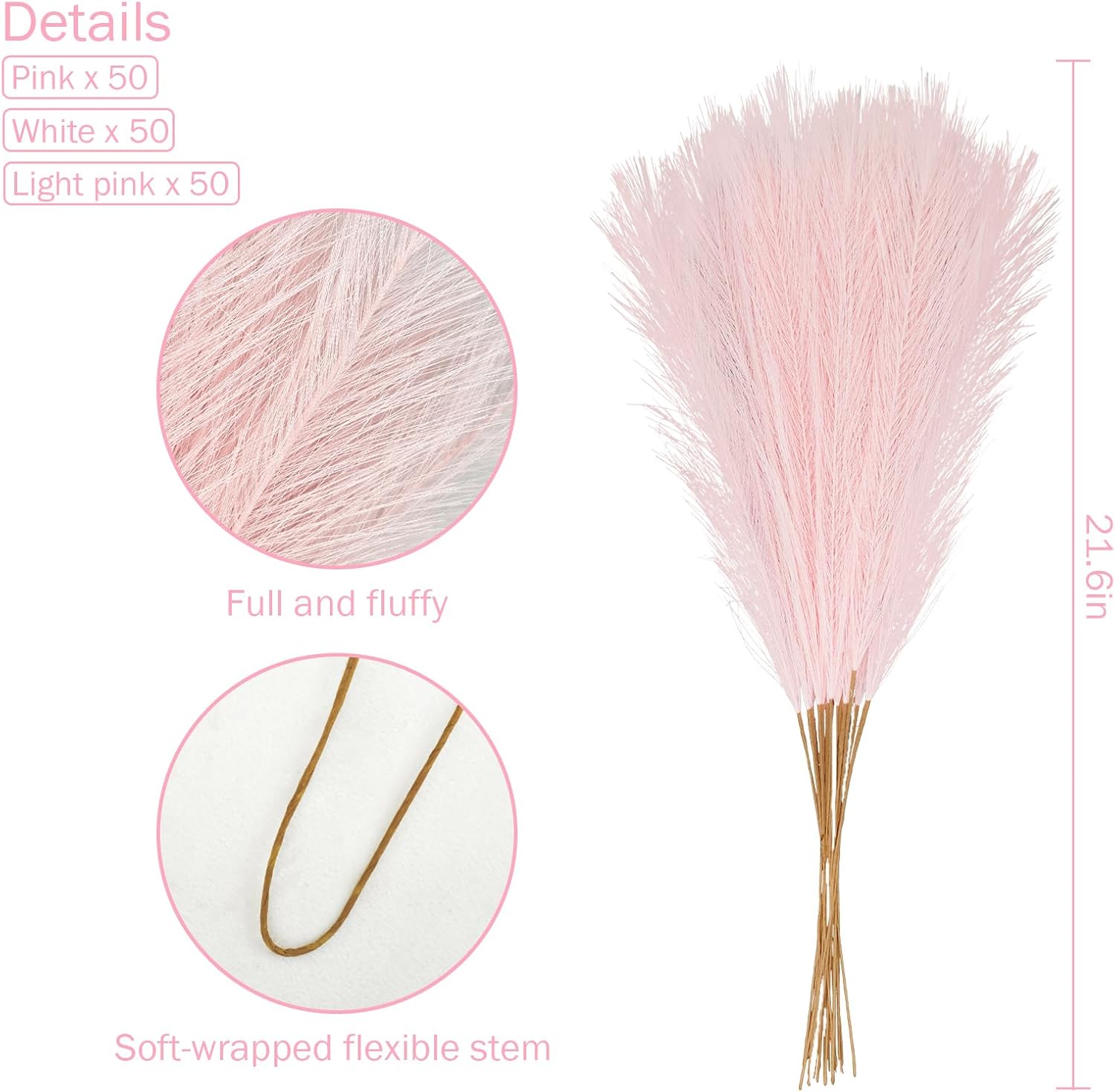 Agusbagli 150pcs Pink Faux Pampas Grass, 21.6in Fluffy Artificial Colored Pompas Grass Short Blush Fake Pampas Stems Vase Filler Flower Arrangement for Home Wedding Centerpieces Bohe Decor