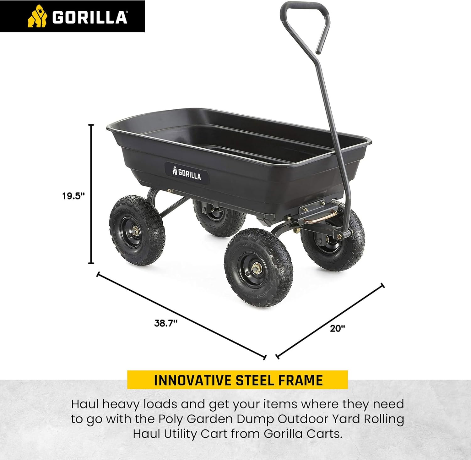 Gorilla Carts Poly Garden Dump Cart, 4 Cu Ft Tub, 600 lb Haul Capacity, Black – Heavy-Duty Utility Wagon with Quick-Release Dumping & Pneumatic Tires for Yard, Landscaping and Gardening