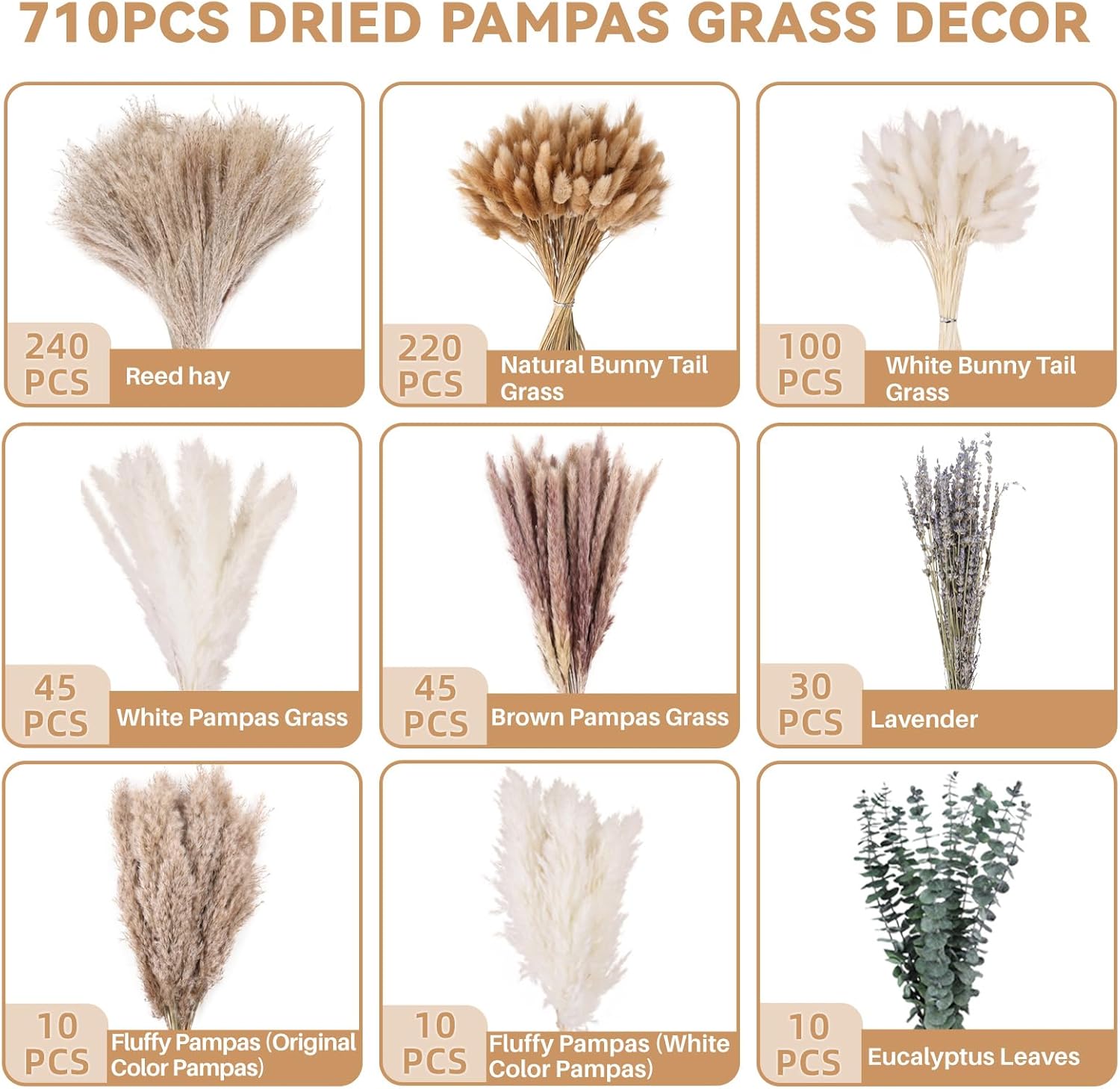 710Pcs Natural Dried Pampas Grass Decor, 9 Types Dried Flowers for Vase Boho Decor for Living Room, Wedding, Party,Centerpiece Table, Home Decorations, Bathroom, Hotel and Farmhouse Decor