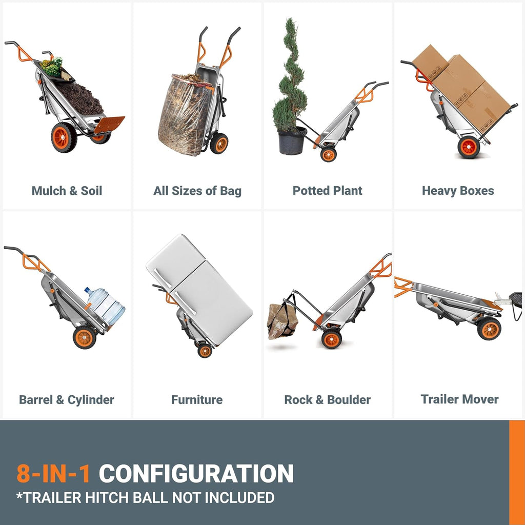 Worx WG050 8-in-1 Aerocart Garden Cart/Wheelbarrow Heavy Duty/Dolly