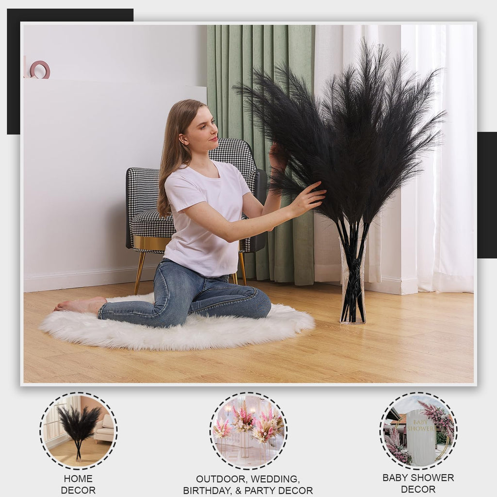 7 Pcs 45" Faux Pampas Grass – Fluffy Artificial Pompous Grass for Tall Floor Vase, Non-Shedding Home Decor, Boho Wedding Flowers, Baby Shower Centerpieces, Bedroom & Living Room Decor (Black)