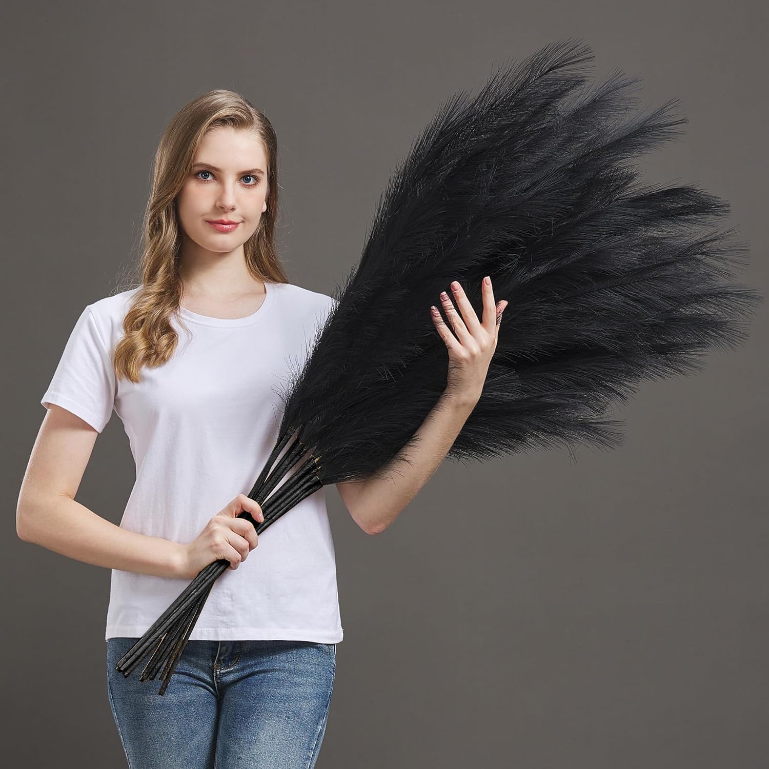 7 Pcs 45" Faux Pampas Grass – Fluffy Artificial Pompous Grass for Tall Floor Vase, Non-Shedding Home Decor, Boho Wedding Flowers, Baby Shower Centerpieces, Bedroom & Living Room Decor (Black)