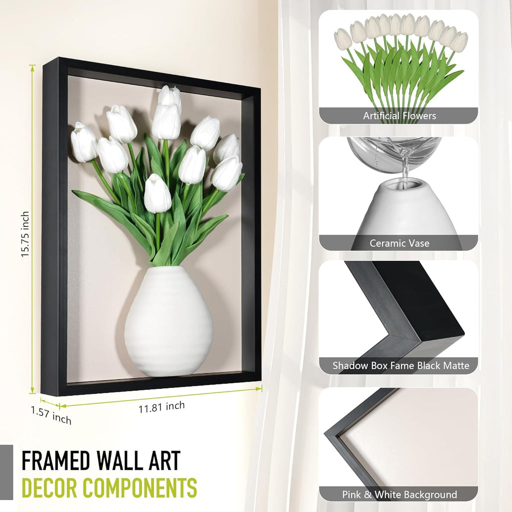 yimido Wall Planter Vase with Ceramic Pot & Artificial Tulips, 3D Wooden Wall Art Hanging Vases for Flowers, Indoor Wall Plant Holder for Home Decor, Wall Mounted Frame for Dried/Fresh Plants, Black