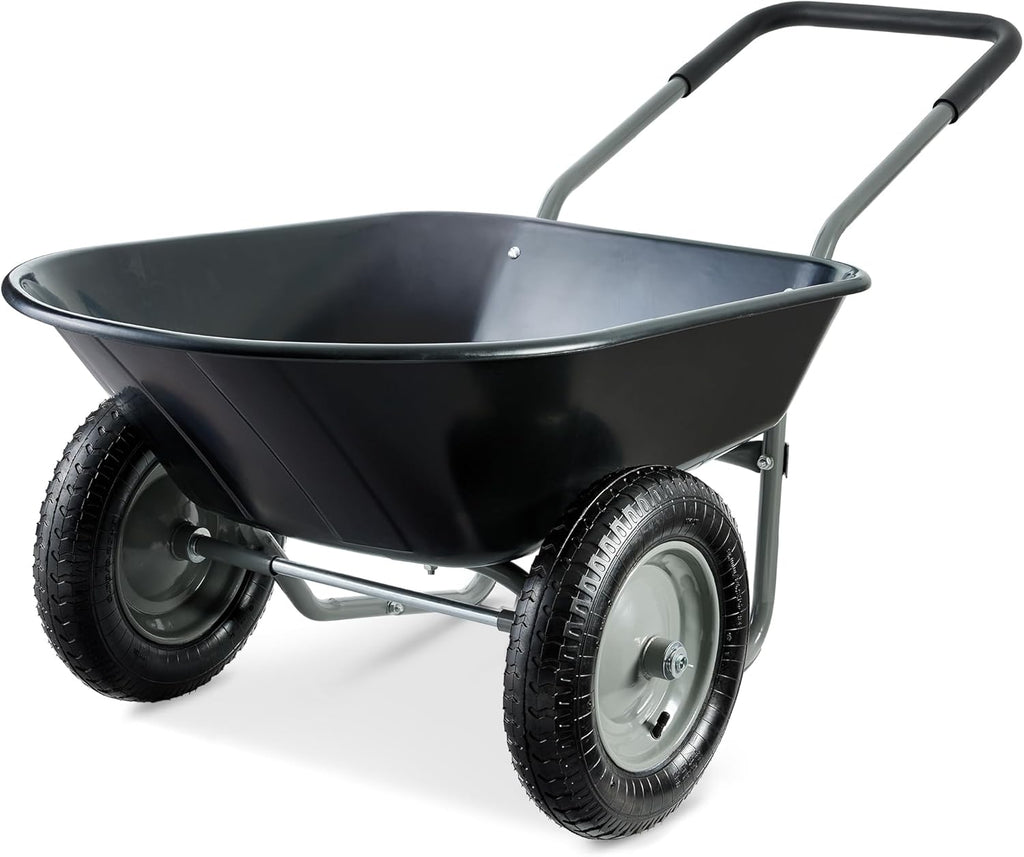 Best Choice Products Dual-Wheel Home Utility Yard Wheelbarrow Garden Cart w/Built-in Stand for Lawn, Gardening, Construction - Blue