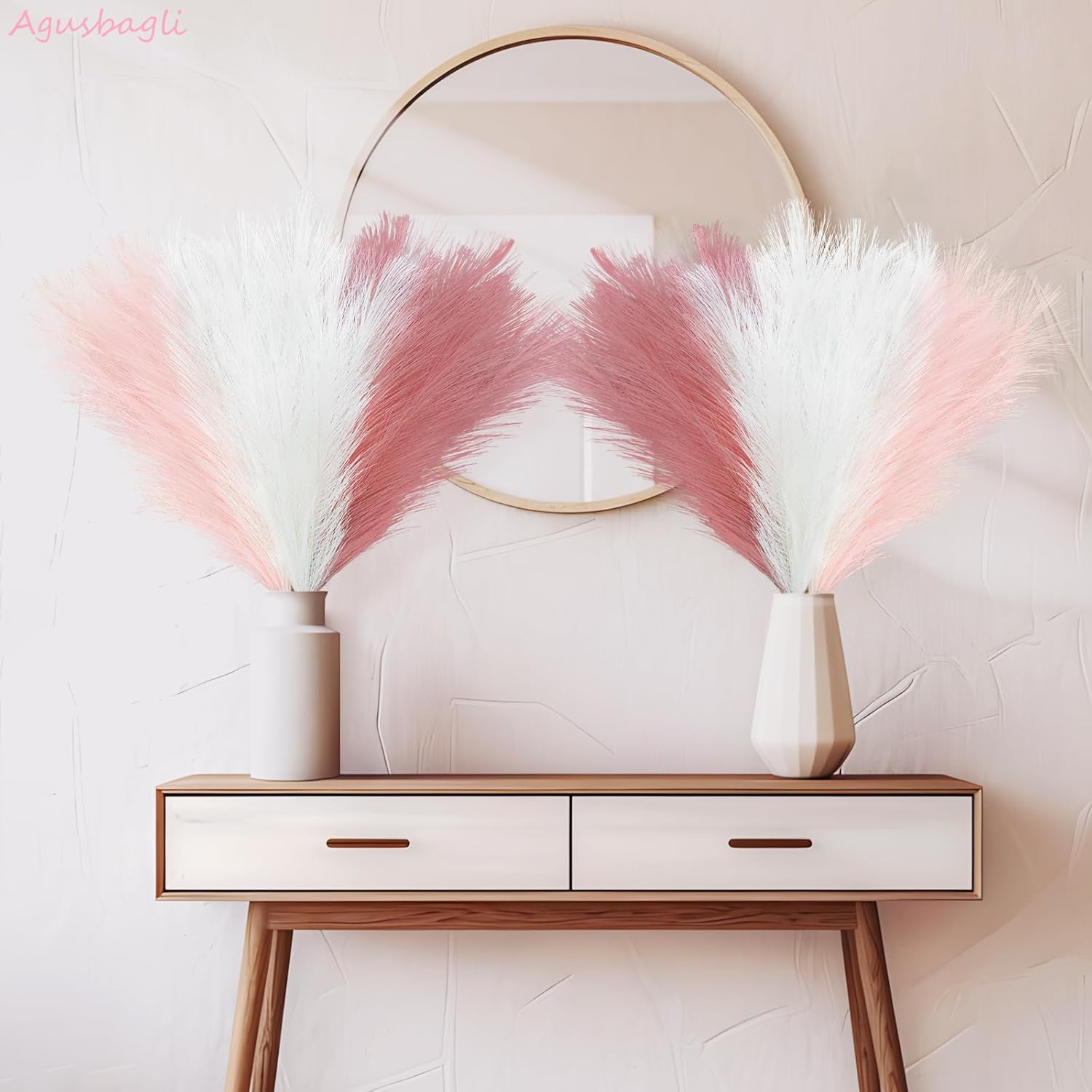 Agusbagli 150pcs Pink Faux Pampas Grass, 21.6in Fluffy Artificial Colored Pompas Grass Short Blush Fake Pampas Stems Vase Filler Flower Arrangement for Home Wedding Centerpieces Bohe Decor