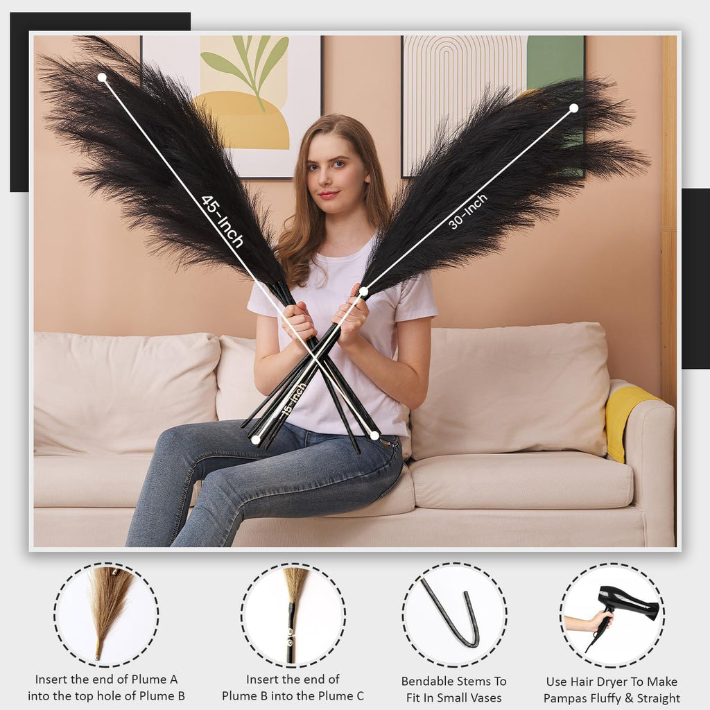 7 Pcs 45" Faux Pampas Grass – Fluffy Artificial Pompous Grass for Tall Floor Vase, Non-Shedding Home Decor, Boho Wedding Flowers, Baby Shower Centerpieces, Bedroom & Living Room Decor (Black)