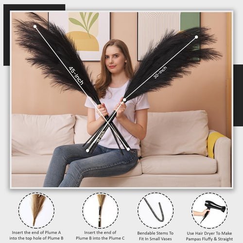 7 Pcs 45" Faux Pampas Grass – Fluffy Artificial Pompous Grass for Tall Floor Vase, Non-Shedding Home Decor, Boho Wedding Flowers, Baby Shower Centerpieces, Bedroom & Living Room Decor (Black)