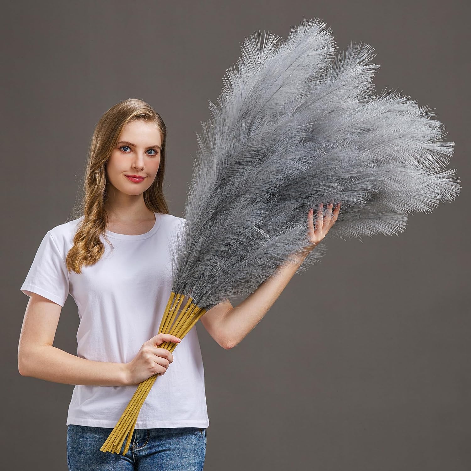 7 Pcs 45" Faux Pampas Grass – Fluffy Artificial Pompous Grass for Tall Floor Vase, Non-Shedding Home Decor, Boho Wedding Flowers, Baby Shower Centerpieces, Bedroom & Living Room Decor (Black)