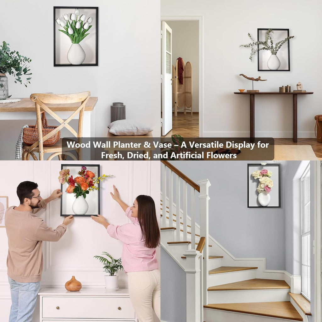 yimido Wall Planter Vase with Ceramic Pot & Artificial Tulips, 3D Wooden Wall Art Hanging Vases for Flowers, Indoor Wall Plant Holder for Home Decor, Wall Mounted Frame for Dried/Fresh Plants, Black