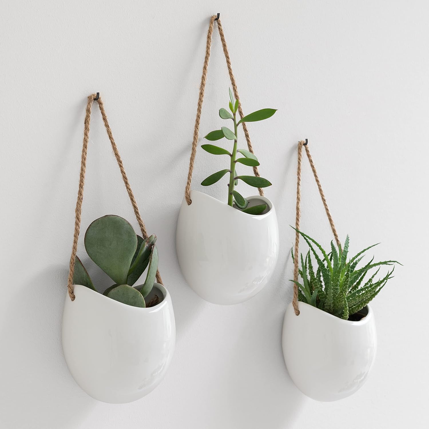 Kazai. Wall Planters -Ellie- | Hanging Ceramic Plant Pots 3 Pieces | Wall Decoration for Indoors, Balcony and Garden | White (Matte)