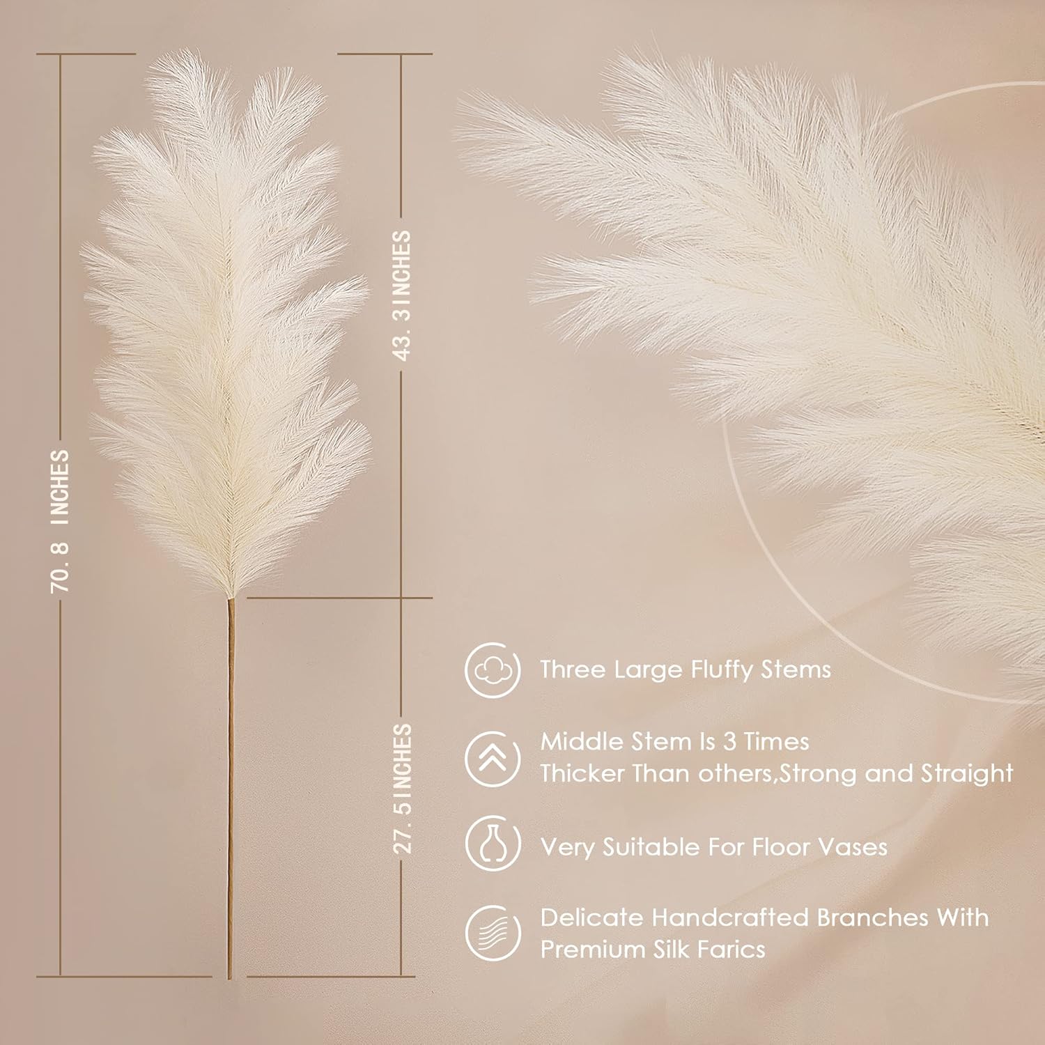 Eyourlife 3Pcs 71" Large Pampas Grass Decor, Tall Faux Fluffy Artificial Dried Pompous Grass for Floor Vase Filer, Office, Boho Wedding