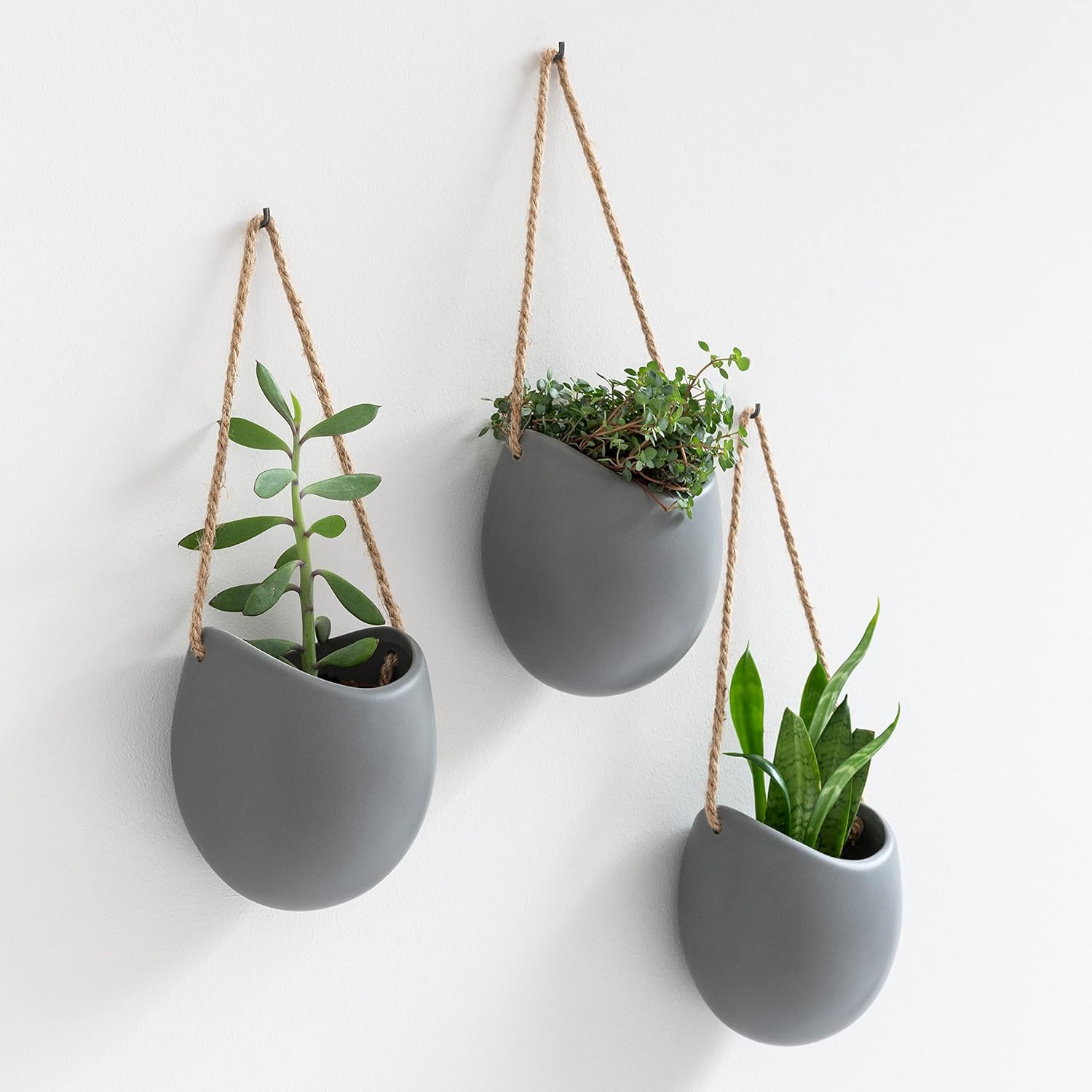 Kazai. Wall Planters -Ellie- | Hanging Ceramic Plant Pots 3 Pieces | Wall Decoration for Indoors, Balcony and Garden | White (Matte)