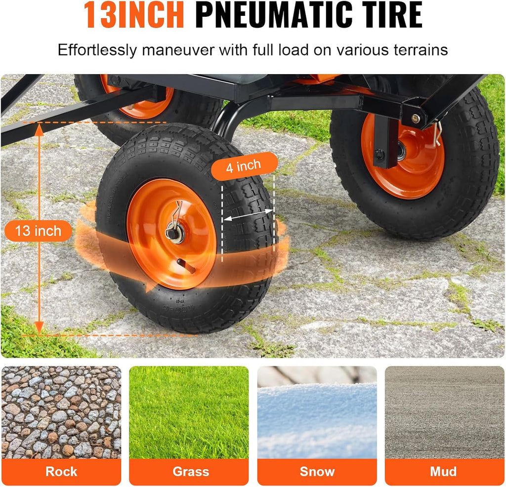 VEVOR 1200lbs 7Cu.Ft. Garden Dump Cart with 2-in-1 Convertible Handle and 13in All Terrain Wheels, Heavy Duty Poly Yard Dump Wagon Utility ATV Trailer Dump Cart Tow Behind for Lawn Mower Tractor