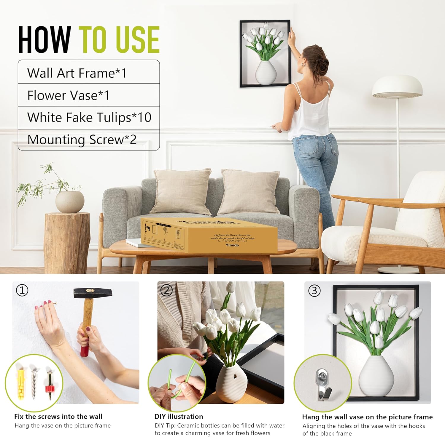 yimido Wall Planter Vase with Ceramic Pot & Artificial Tulips, 3D Wooden Wall Art Hanging Vases for Flowers, Indoor Wall Plant Holder for Home Decor, Wall Mounted Frame for Dried/Fresh Plants, Black