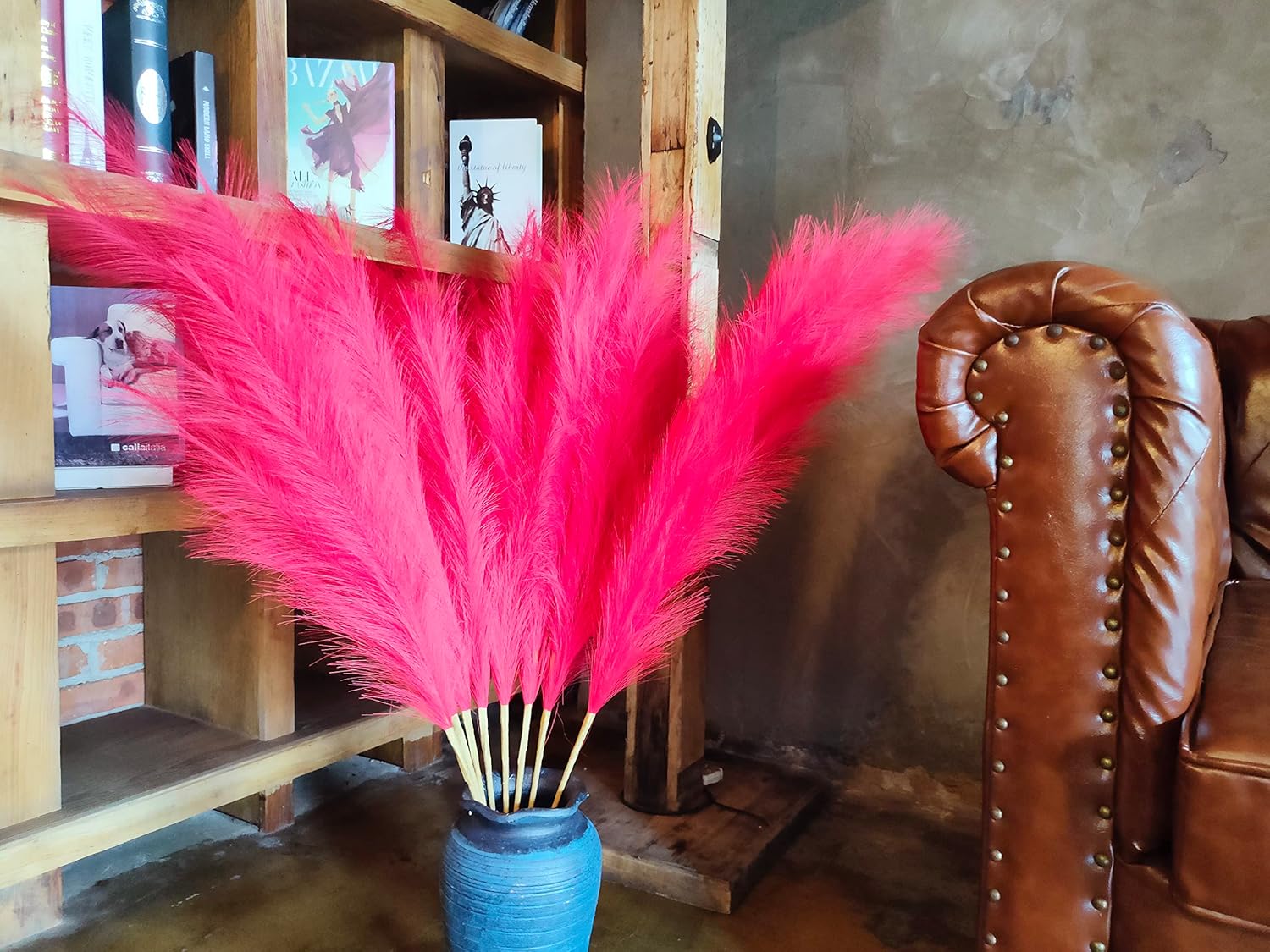 Premium Faux Pampas Grass Decor Tall & Fluffy, No Assembly Needed Long Pampas, Luxury Large Floral, Elegant Feather Flowers for Wedding Decor(Faux Dark Pink, 8pcs 43.3"(110cm))