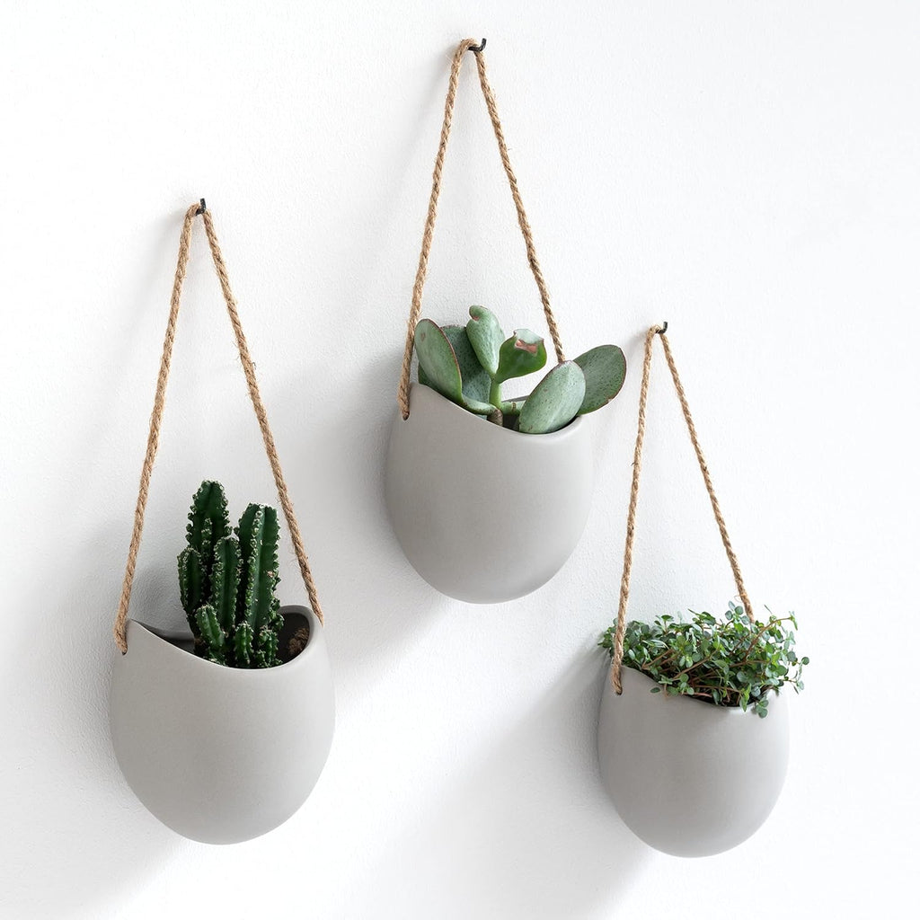 Kazai. Wall Planters -Ellie- | Hanging Ceramic Plant Pots 3 Pieces | Wall Decoration for Indoors, Balcony and Garden | White (Matte)