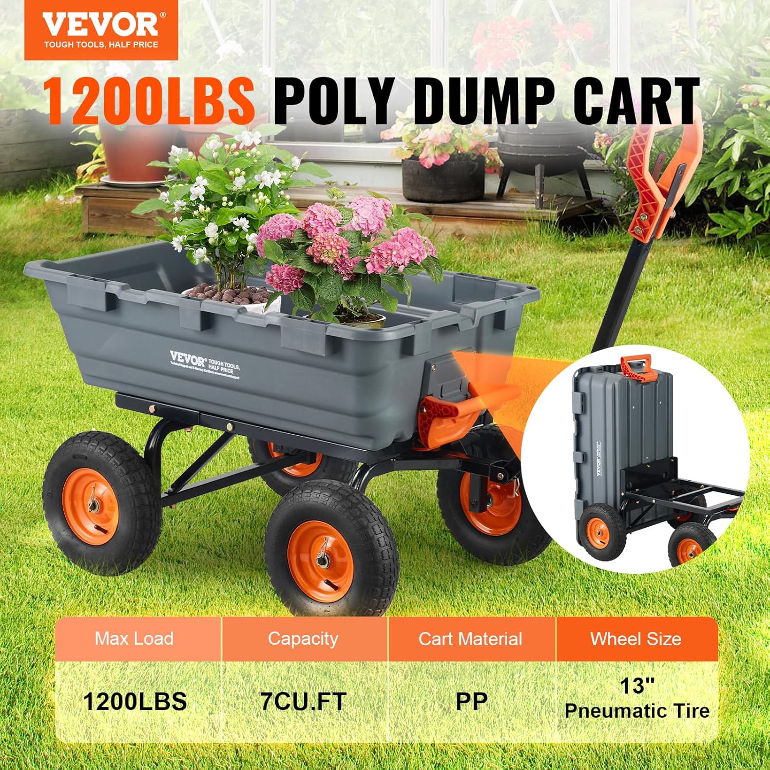 VEVOR 1200lbs 7Cu.Ft. Garden Dump Cart with 2-in-1 Convertible Handle and 13in All Terrain Wheels, Heavy Duty Poly Yard Dump Wagon Utility ATV Trailer Dump Cart Tow Behind for Lawn Mower Tractor