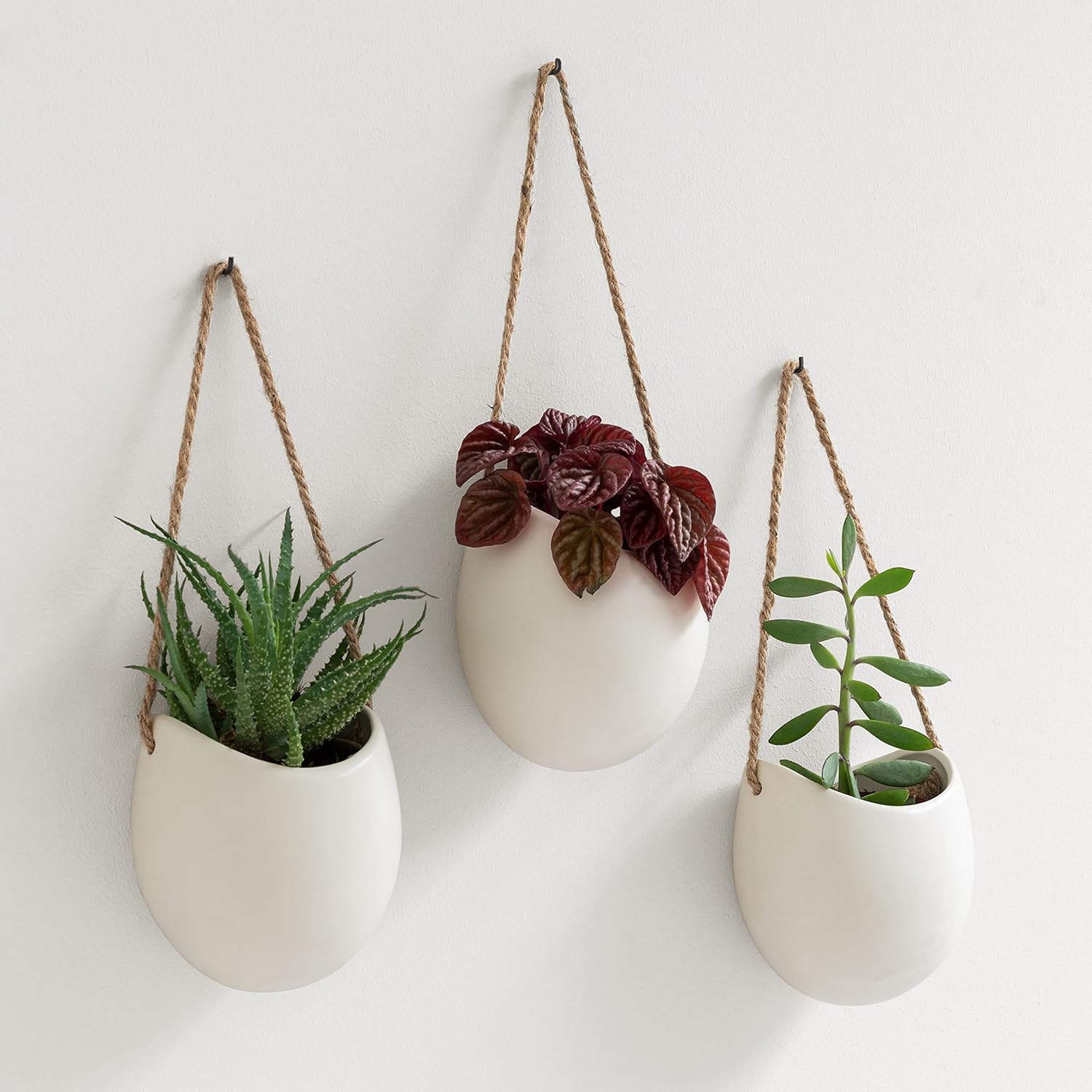 Kazai. Wall Planters -Ellie- | Hanging Ceramic Plant Pots 3 Pieces | Wall Decoration for Indoors, Balcony and Garden | White (Matte)