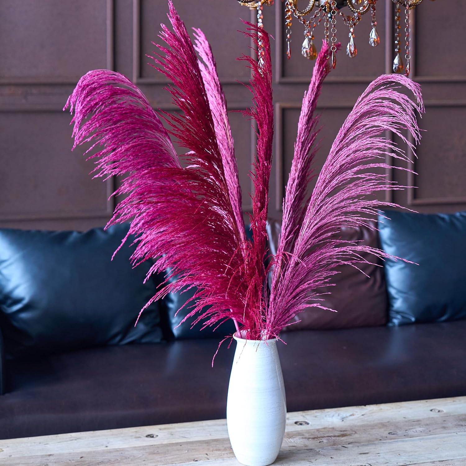 Premium Faux Pampas Grass Decor Tall & Fluffy, No Assembly Needed Long Pampas, Luxury Large Floral, Elegant Feather Flowers for Wedding Decor(Faux Dark Pink, 8pcs 43.3"(110cm))