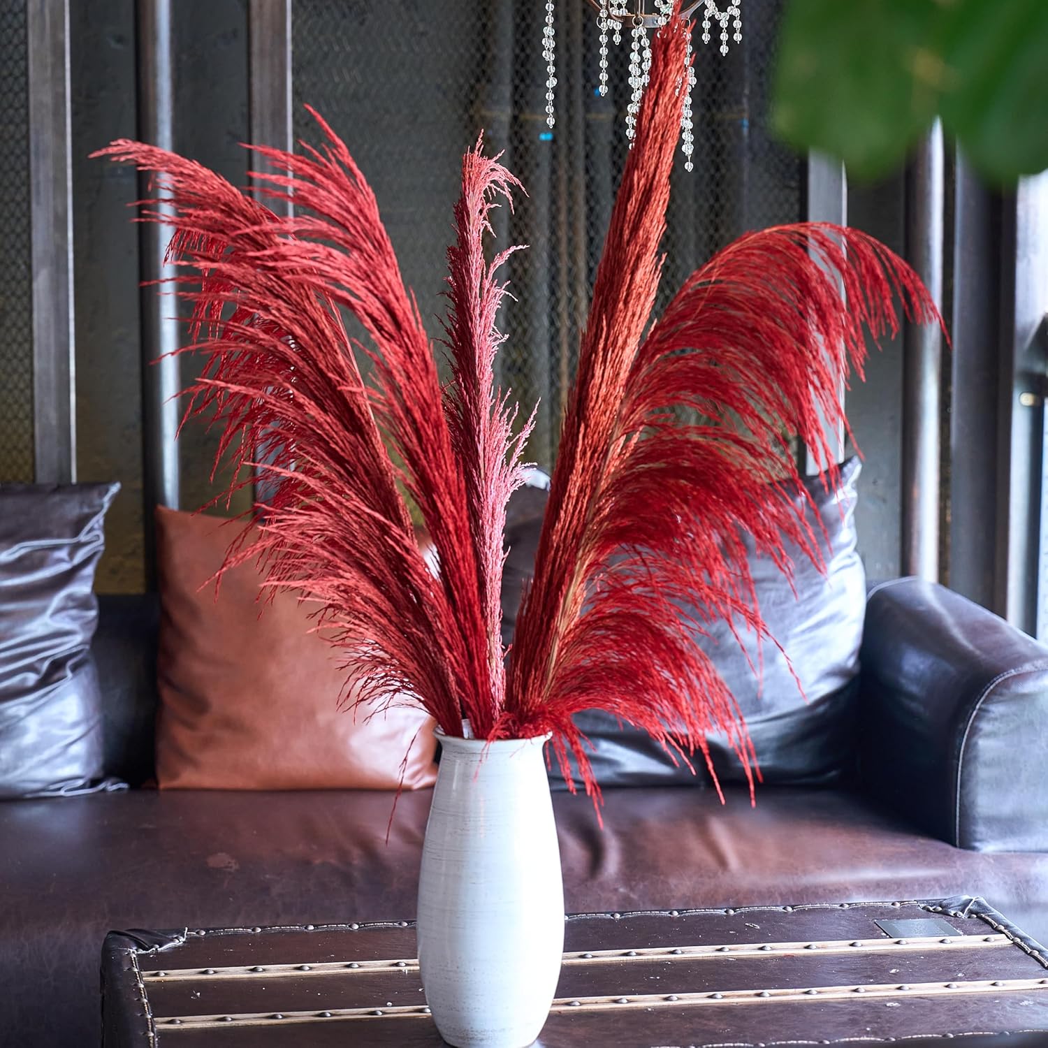 Premium Faux Pampas Grass Decor Tall & Fluffy, No Assembly Needed Long Pampas, Luxury Large Floral, Elegant Feather Flowers for Wedding Decor(Faux Dark Pink, 8pcs 43.3"(110cm))