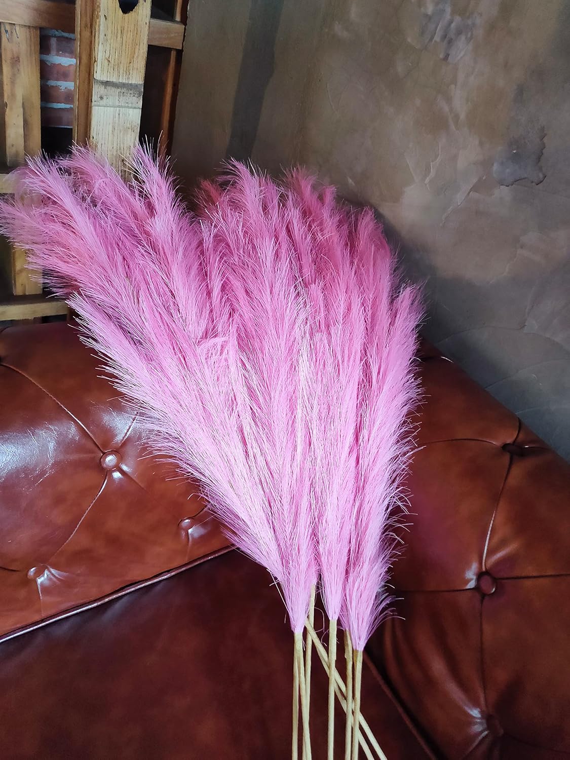 Premium Faux Pampas Grass Decor Tall & Fluffy, No Assembly Needed Long Pampas, Luxury Large Floral, Elegant Feather Flowers for Wedding Decor(Faux Dark Pink, 8pcs 43.3"(110cm))