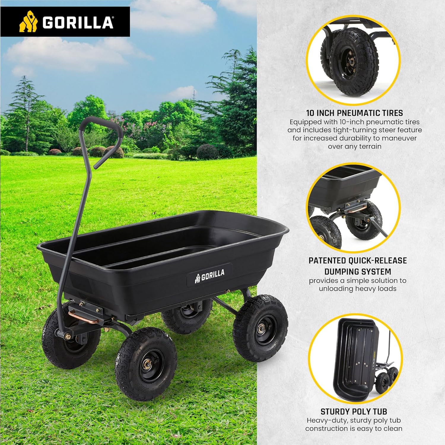 Gorilla Carts Poly Garden Dump Cart, 4 Cu Ft Tub, 600 lb Haul Capacity, Black – Heavy-Duty Utility Wagon with Quick-Release Dumping & Pneumatic Tires for Yard, Landscaping and Gardening